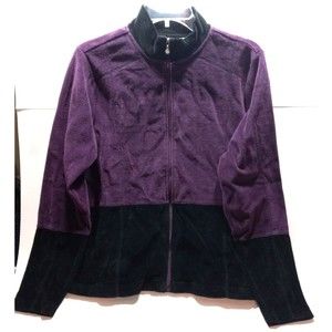 Erika Women's Size M Purple Black Zip Up Collar Velour Jacket Color Block
